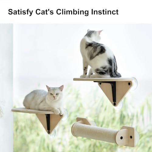 MEWOOFUN Window Perch Hammock with Climbing Steps and Scratching Post - Wooden Window Mounted Cat Bed (3 Pcs Cat Climber Set)