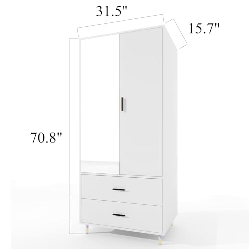 Armoire Wardrobe Closet with Hanging Rod 2 Doors 2 Drawers Mirror and Shelves for Bedroom Storage Organization Large Capacity Organizer for Clothes White 31.5