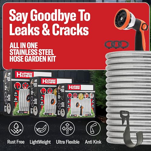 Best 100 ft Metal Garden Hose Set - No-Kink Durable 316 Stainless Steel, 10-Way Zync Spray Nozzle & Hook – Tough Flexible Heavy Duty Water Hoses, Naval Brass, Rust, Weather, LeakProof