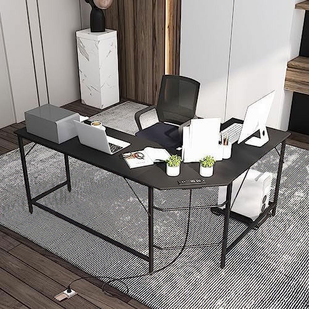 HJNIUNIU L-Shaped Office Desk with CPU Stand  L Shaped Corner Desk with Power Outlets  USB Ports  Sturdy Metal Frame  Space-Saving Computer Desk for Home  Office  Gaming Desk  Computer Wo