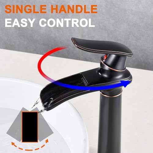 Bathroom Vessel Sink Faucet, Waterfall Oil Rubbed Bronze Bathroom Faucet, Vessel Faucet, Tall Body 1 Hole Single Handle with Pop Up Drain Combo Vanity Mixer Tap Basin Bowl Sink