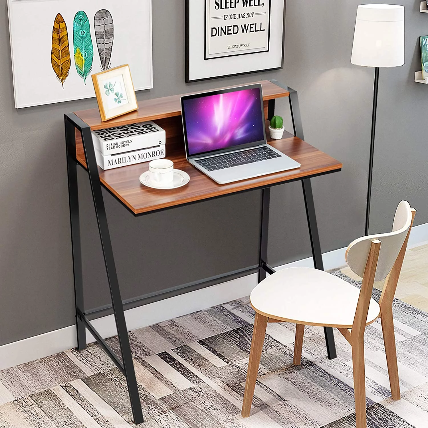 Small Computer Desk, Compact Home Office Desk with Sturdy Frame, 2 Tier Study Writing Table for Small Place Apartment Office, Bedroom, Kid’s Desk