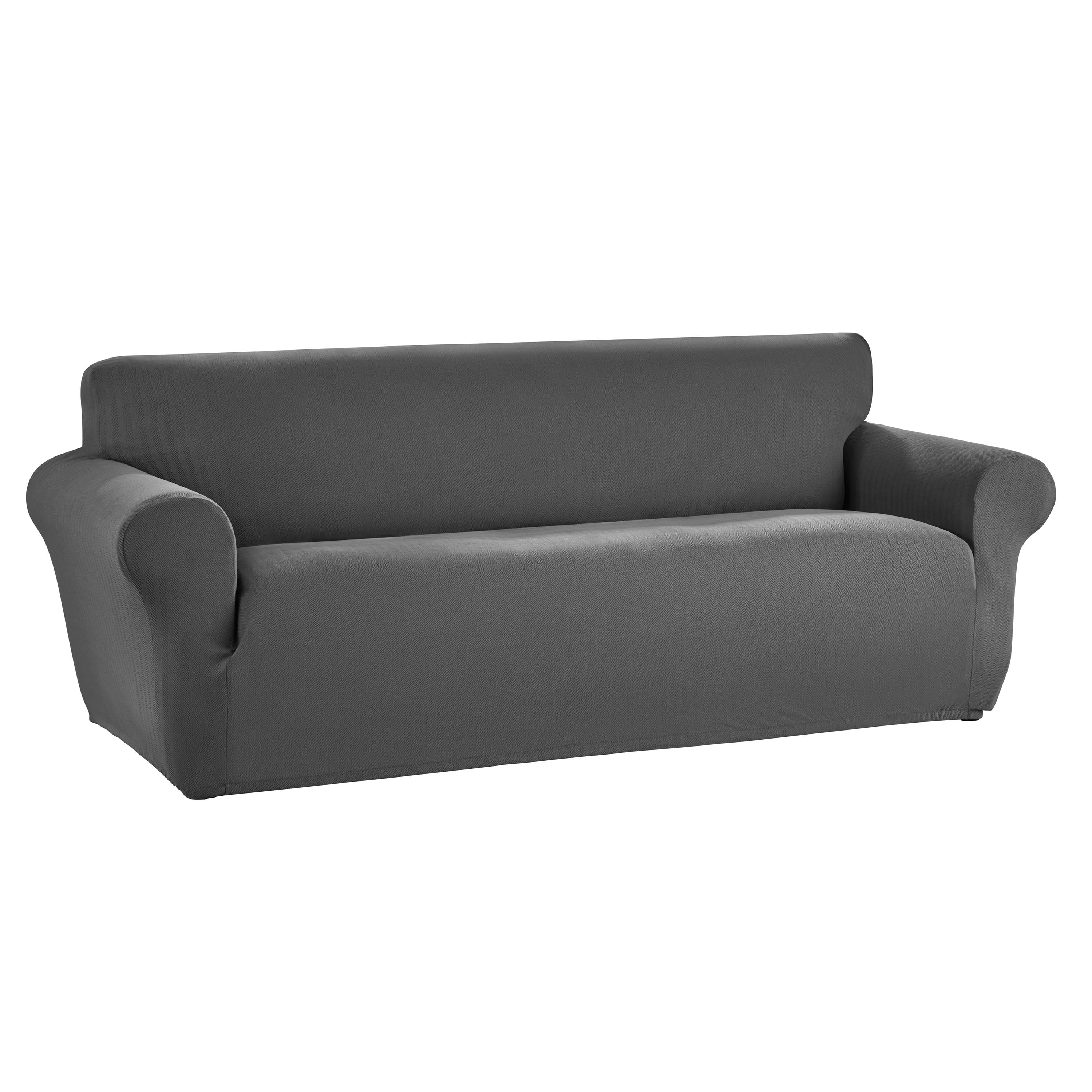 Mainstays Herringbone Stretch-to-Fit Sofa Slipcover, 1-Piece, Charcoal Gray