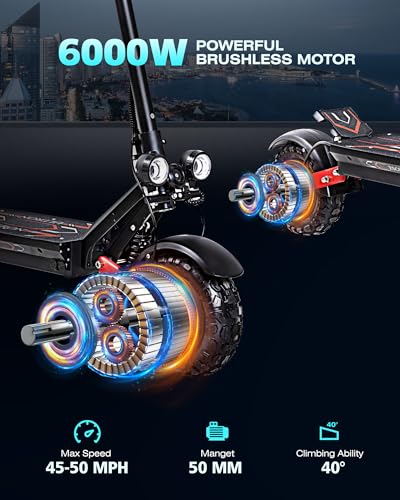 Electric Scooter for Adults with Seat, 60V 50MPH High Speed, 6000W Dual Motor 55Miles Long Range, 11'' Tubeless Off-Road Foldable Heavy Duty Fast Escooter for Mountain Commutting