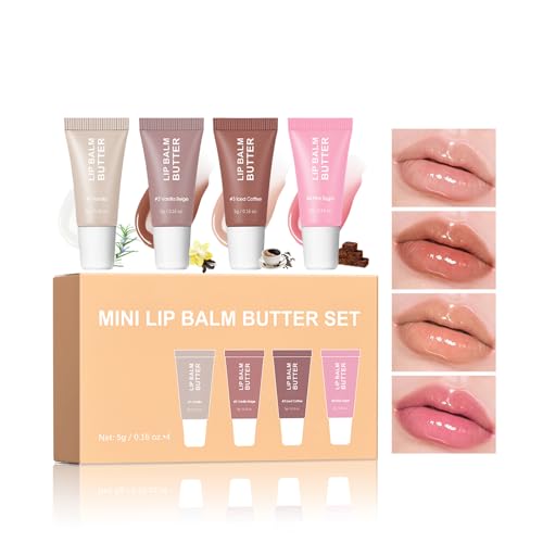 4Pcs Hydrating Lip Gloss Set, Mini Lip Butter Balm Pack, High Shine Glass Finish Lip Moisturizing Plumping Lip Gloss Shiny Jelly Liquid Lipstick for Women
