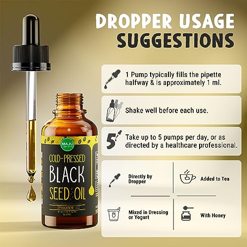 MAJU Black Seed Oil - 3 Times Thymoquinone, Cold-Pressed, 100% Turkish Black Cumin Seed Oil, Liquid Pure Blackseed Oil, Glass Bottle, 8 oz