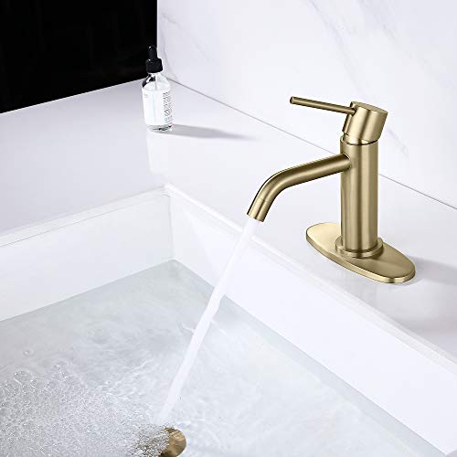 Brushed Gold Vessel Sink Faucet with Pop Up Drain and Supply Lines, Stainless Steel Gold Vanity Faucet Single Hole, JXMMP Single Handle Bathroom Faucet Gold, JXM1001BG