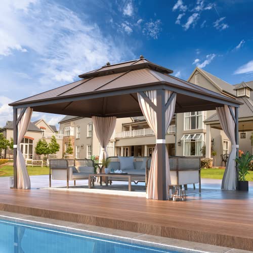 EROMMY 14'x20' Hardtop Gazebo Double Roof Galvanized Steel Canopy Outdoor Aluminum Frame Permanent Metal Pavilion with Netting and Curtains for Patio Backyard Deck and Lawns