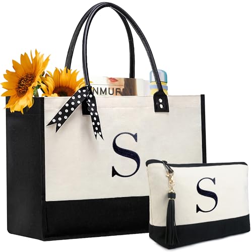 BeeGreen Mother's Day Gifts Personalized Women's Large White and Black Canvas Tote Bag, Embroidered Initials, Leather Handle, Zipper Closure