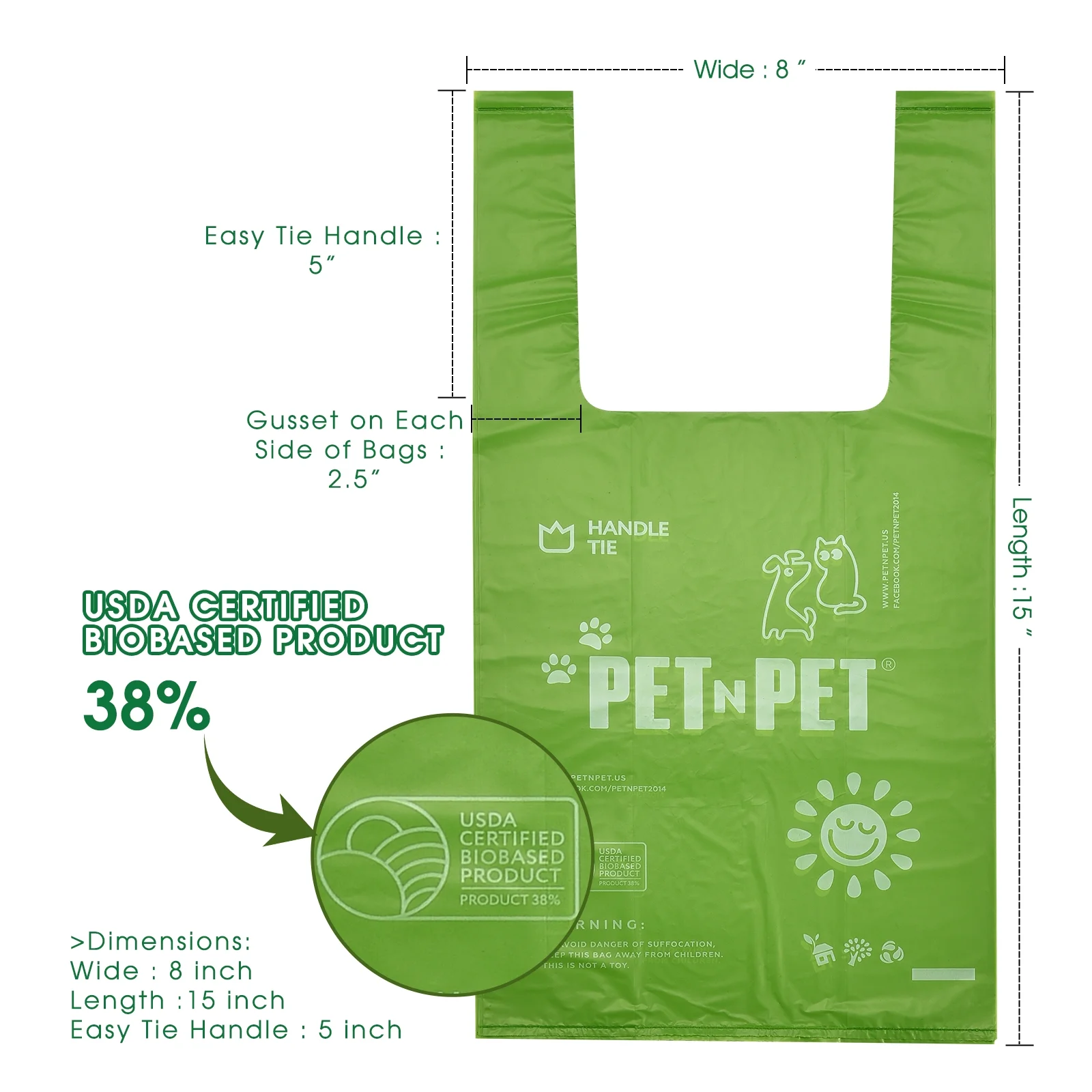 PET N PET Dog Poop Bags, Poop Bags with Easy-tie Handles 4 Value Packs Unscented Leak Proof Dog Bags for Poop, USDA Certified 38% Biobased Dog Waste Bag Measures 8 x 15 Inches