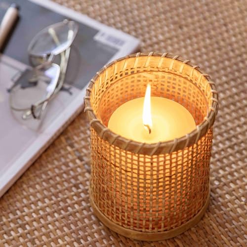 Rattan Woven Hurricane Glass Candle Holders,Cane Wrapped Sleeve Flower Vase Decorative Votive Candleholder for Pillar Candles,Rustic Boho Tea Light Candle Holder for Centerpiece Table Wedding Decor (