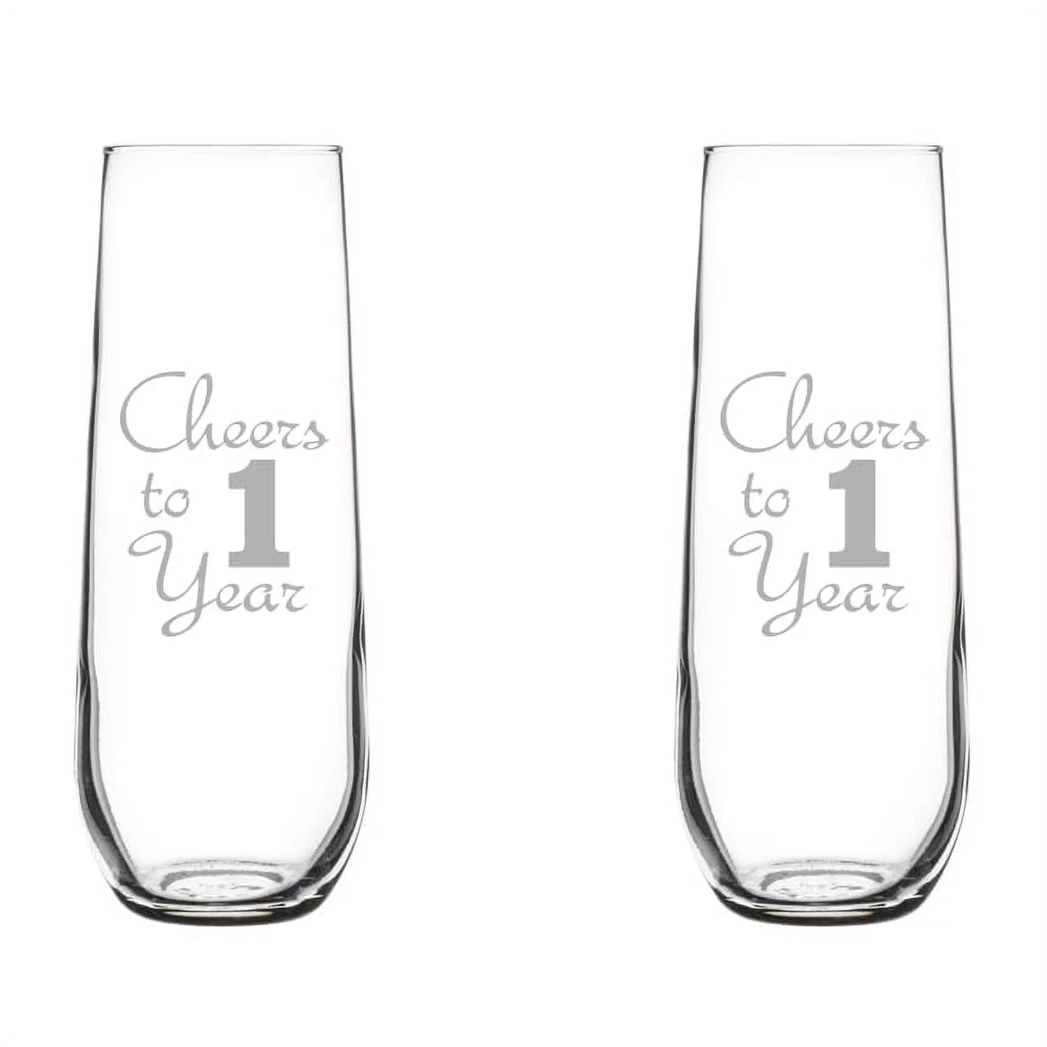 Set of 2 Glass Champagne Flutes Sparkling Wine Glasses Anniversary Cheers 1 Year (8.5 oz Stemless)