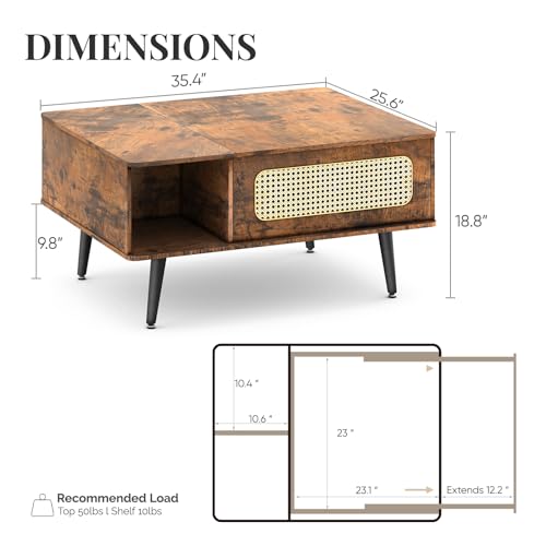 Qmetalart Rustic Brown Rattan Coffee Table with Hidden Storage, 35 x 26 Inches Boho Farmhouse Square Center Table for Living Room