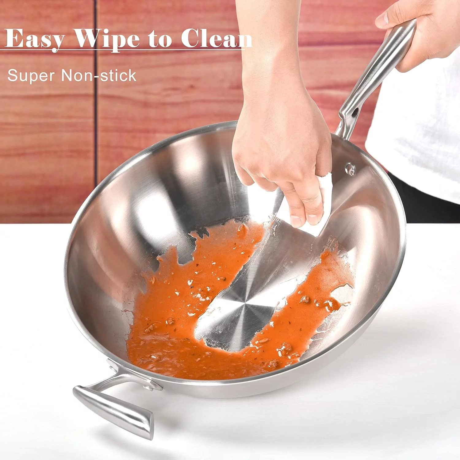 Foodstudio 12.6 Inch Stainless Steel Wok pan with Lid - 5 Ply Steel Skillet,Professional Grade Wok for Cooking with Stay Cool Handle,Works with Induction,Large Capacity, Electric, and Gas Cooktops