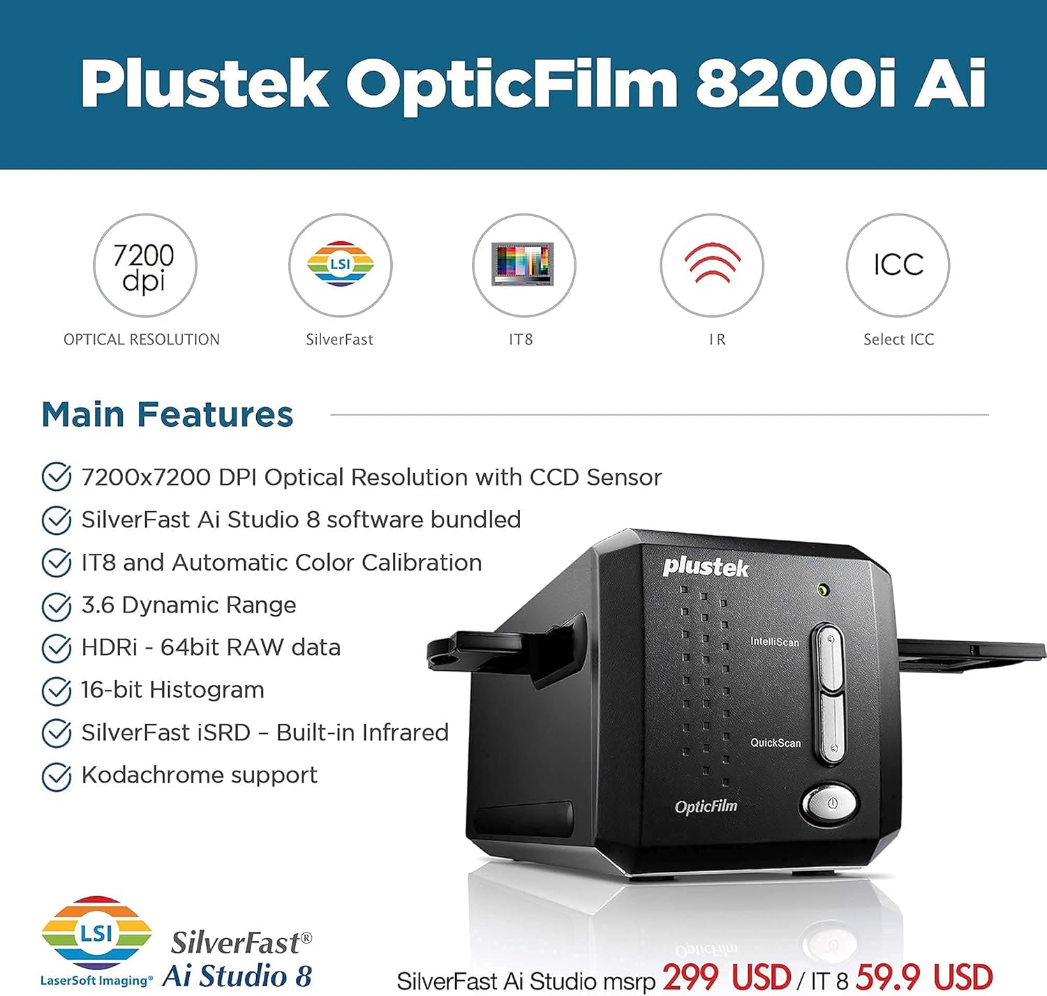 Plustek OpticFilm 8200i Ai Film & Slide Scanner Converter + 35mm Mounted Slide Holders kit x 2