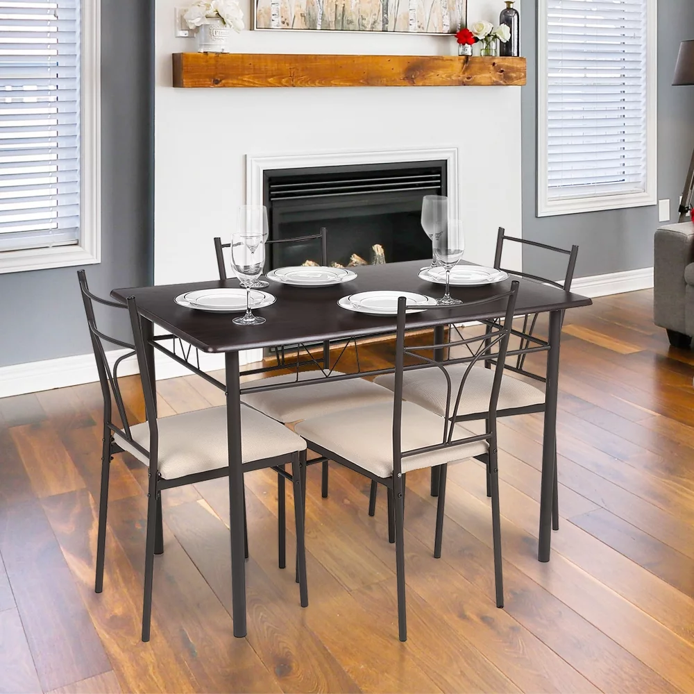 iKayaa 5-Piece Wood & Metal Dining Set, Modern Dining Chairs Set of 4