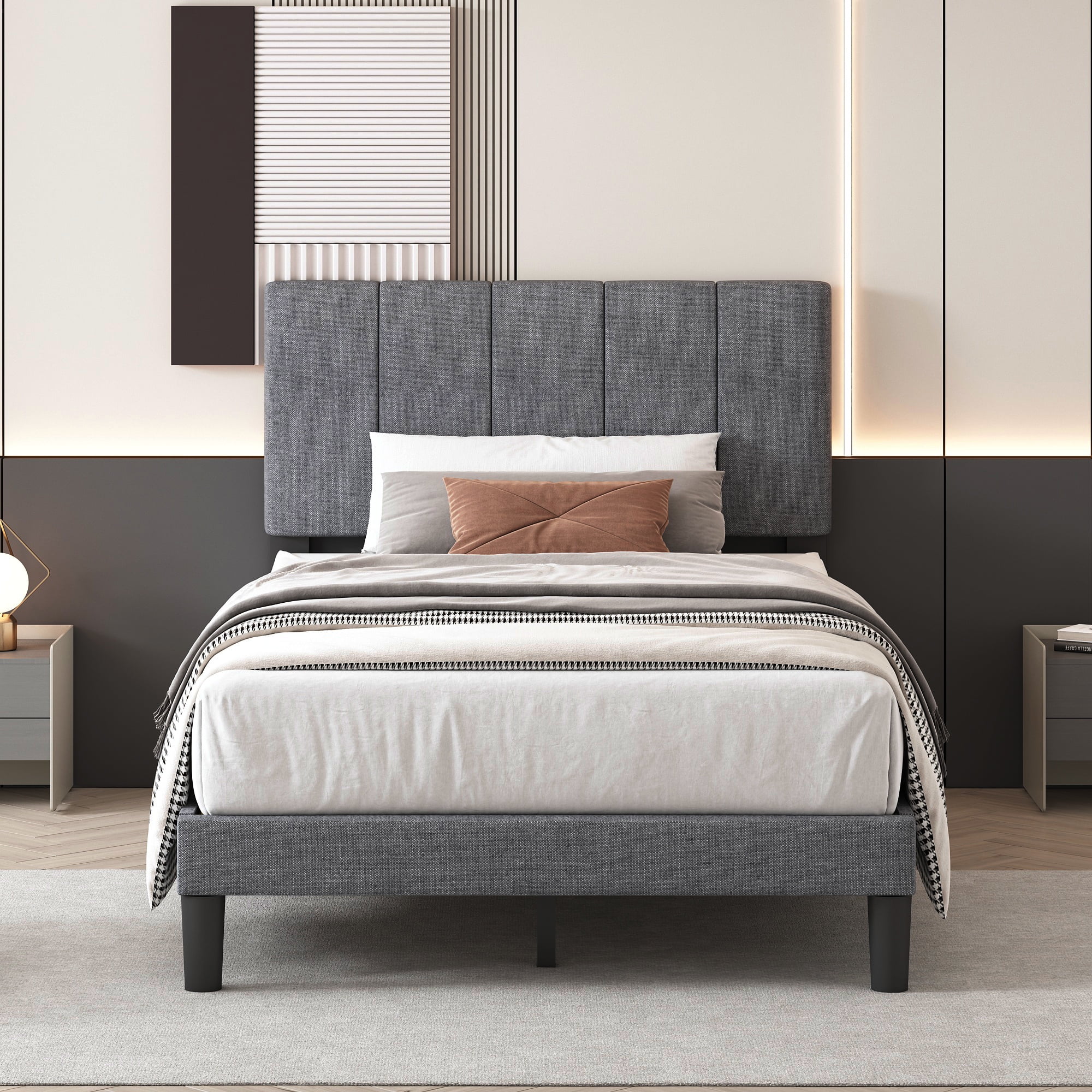 SYNGAR Twin Bed Frame, New Upgrade Twin Size Fabric Upholstered Platform Bed Frame with Height Adjustable Headboard, Bedroom Furniture Metal Frame Platform Bed Frame, No Box Spring Needed, Grey
