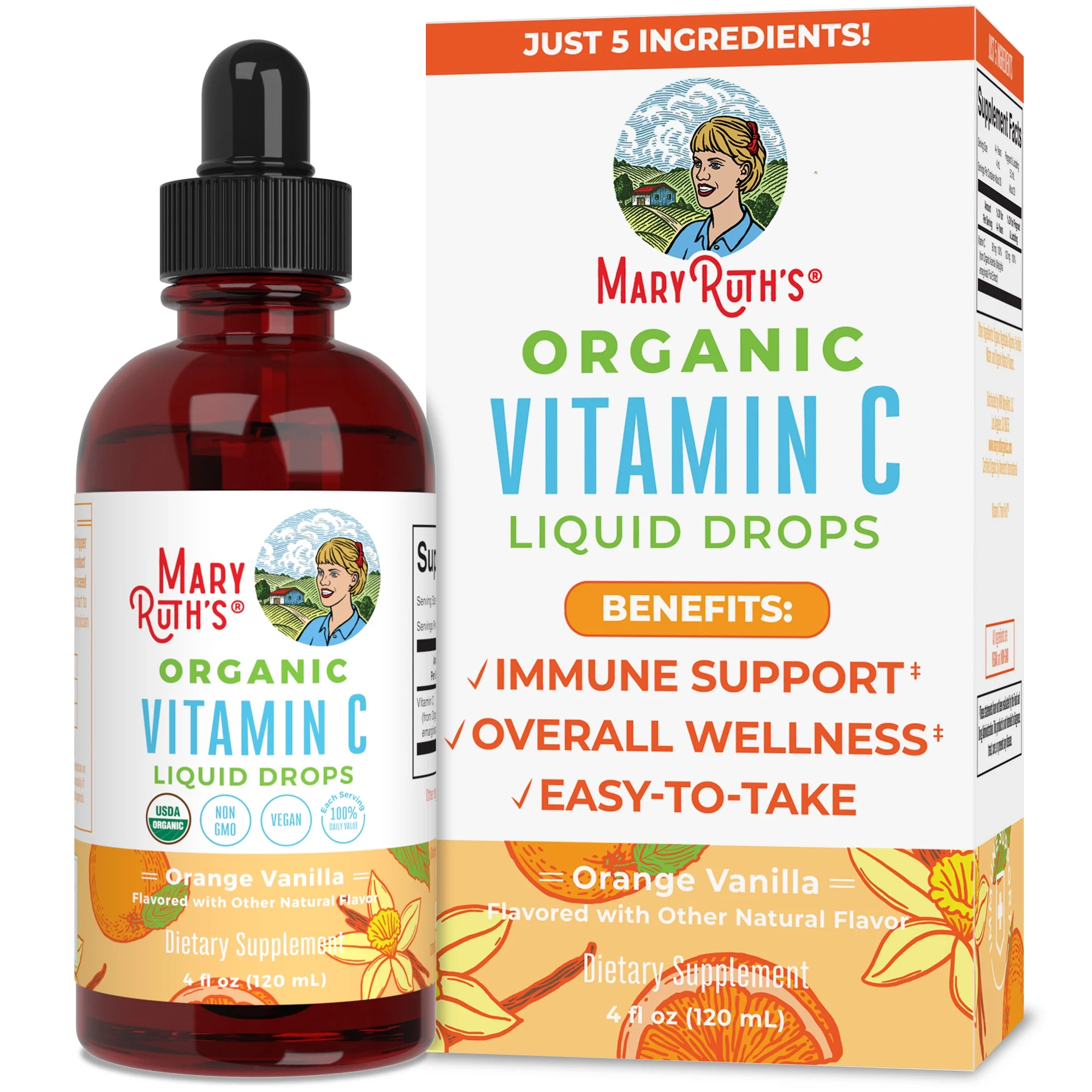 MaryRuth's | USDA Organic Vitamin C Liquid Drops | Orange Vanilla Flavor | Vegan, Non-GMO | 4 fl oz / 120ml
