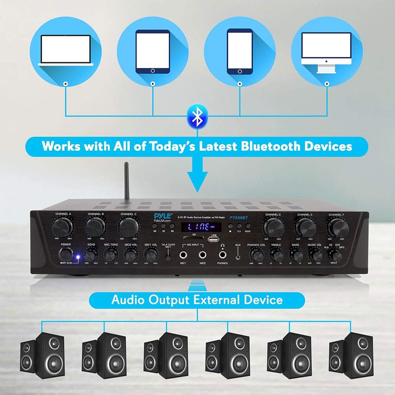 Wireless Home Audio Amplifier System - Bluetooth Compatible Sound Stereo Receiver Amp - 6 Channel 600Watt Power, Digital LCD, Headphone Jack, 1/4'' Microphone IN USB SD AUX RCA FM Radio - Pyle PTA66BT