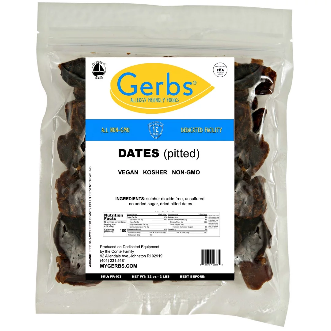 GERBS Dried Araya Dates 2 LBS. Pitted | Freshly Dehydrated Resealable Bulk Bag | Top Food Allergy Free | Sulfur Dioxide Free | High Fiber, Natural Sweetener & Antioxidant rich | Gluten & Peanut Free