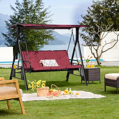 Yaheetech 3-Seat Outdoor Patio Swing Chair, Deluxe Outdoor Patio Porch Swing with Weather Resistant Steel Frame, Adjustable Tilt Canopy for Patio Garden Poolside Balcony Backyard, Burgundy