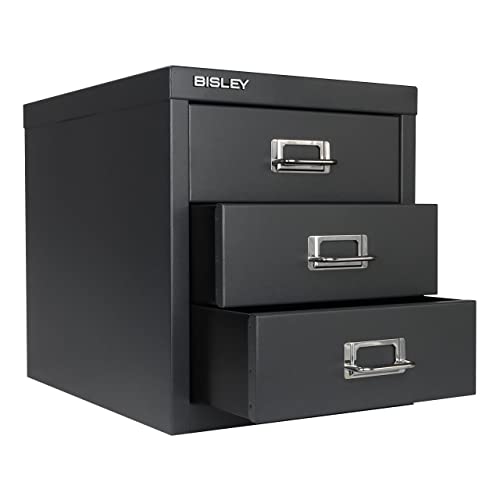 Bisley 10-Drawer Steel MultiDrawer Cabinet - Black, Chrome Pull Handles with Label Holders, Powder-Coated Steel, Removable Drawers, Fits Under Most Desks, Labels Included