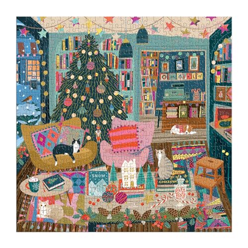 Galison Season's Reading – 500 Piece Foil Jigsaw Puzzle Featuring Beautiful Artwork of A Cozy Christmas Bookshop Scene with Gold Foil Accents