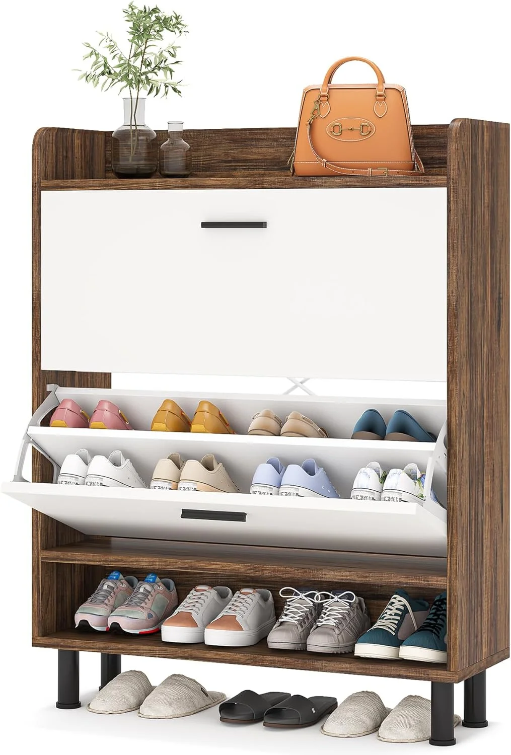 Shoe Cabinet, Vintage Entryway Shoe Organizer Rack, 2-Tier Shoe Storage Cabinet with Flip Doors with Open Shelves for Narrow Closet, Entryway, Living Room (Brown)