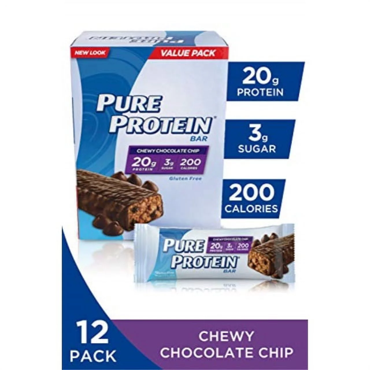 Pure Protein Bars, High Protein, Nutritious Snacks to Support Energy, Low Sugar, Gluten Free, Chewy Chocolate Chip, 1.76oz, 12 Pack