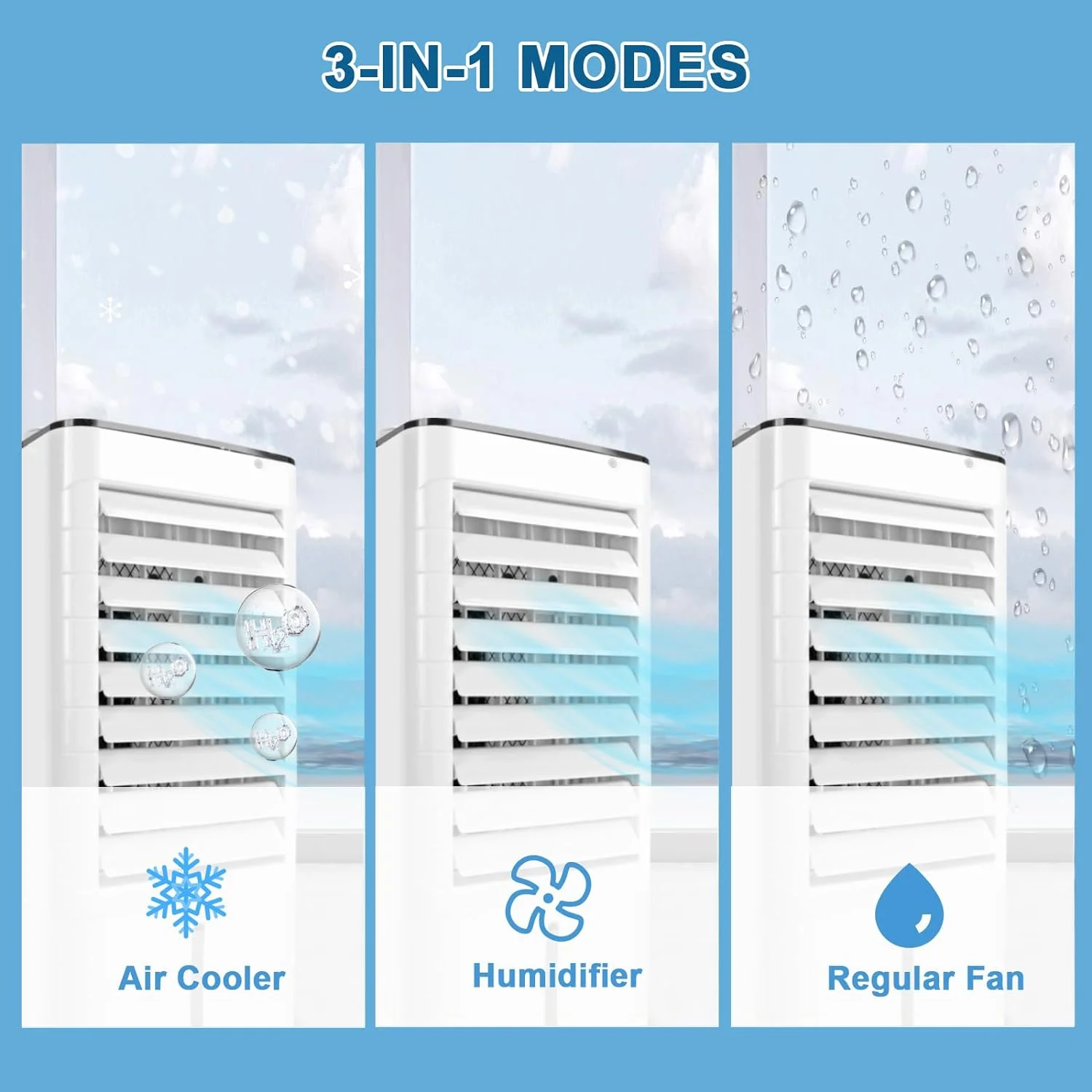 Evaporative Air Cooler,3-IN-1Portable Air Conditioners and Windowless Room Cooler Humidification-Ice Packs-12 Hour Timer-Remote Control,Ideal for Home, Office, Bedroom, Kitchen,School,Garage (‎‎Pearl