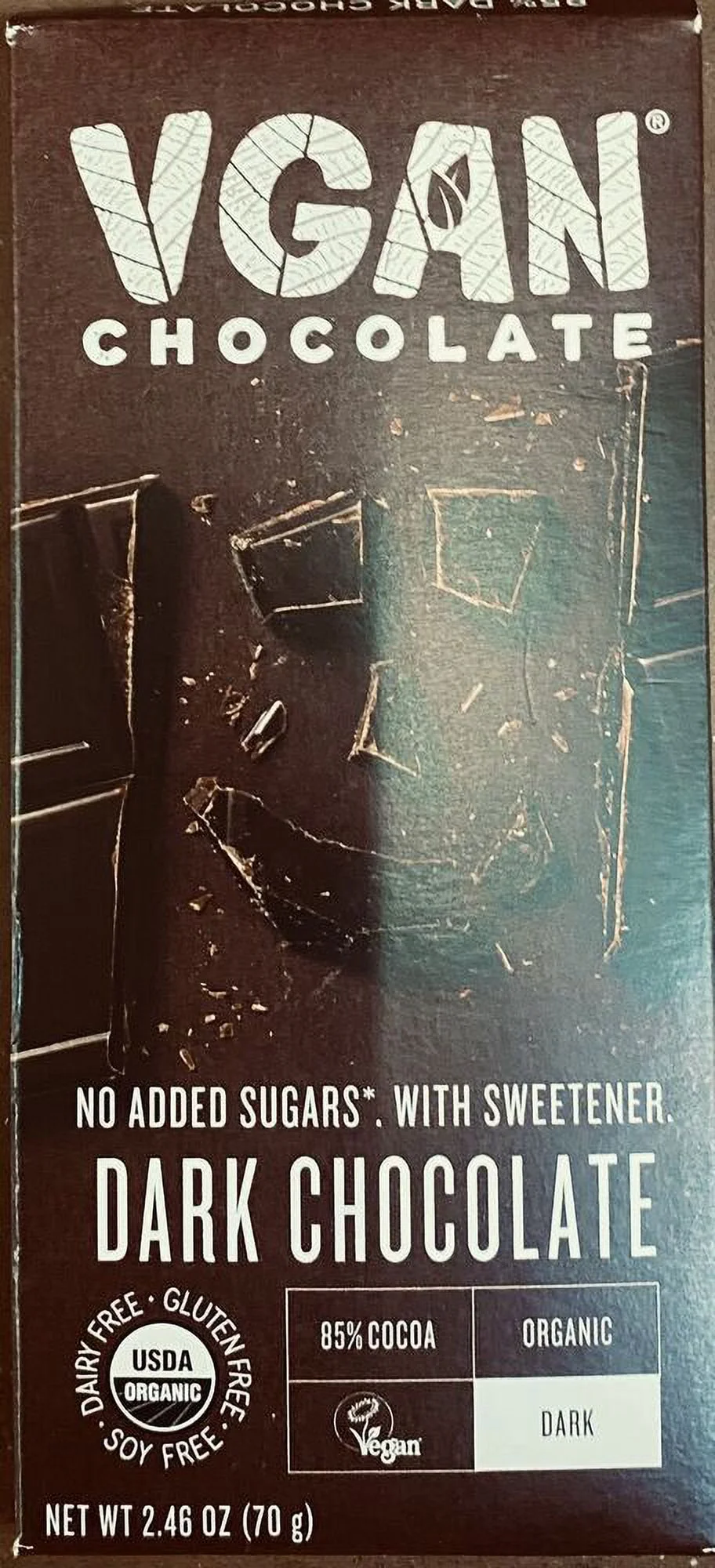 2x VGAN Organic VEGAN DARK Chocolate NO added Sugars 2.46 Oz Bar 85% - 2 PACK