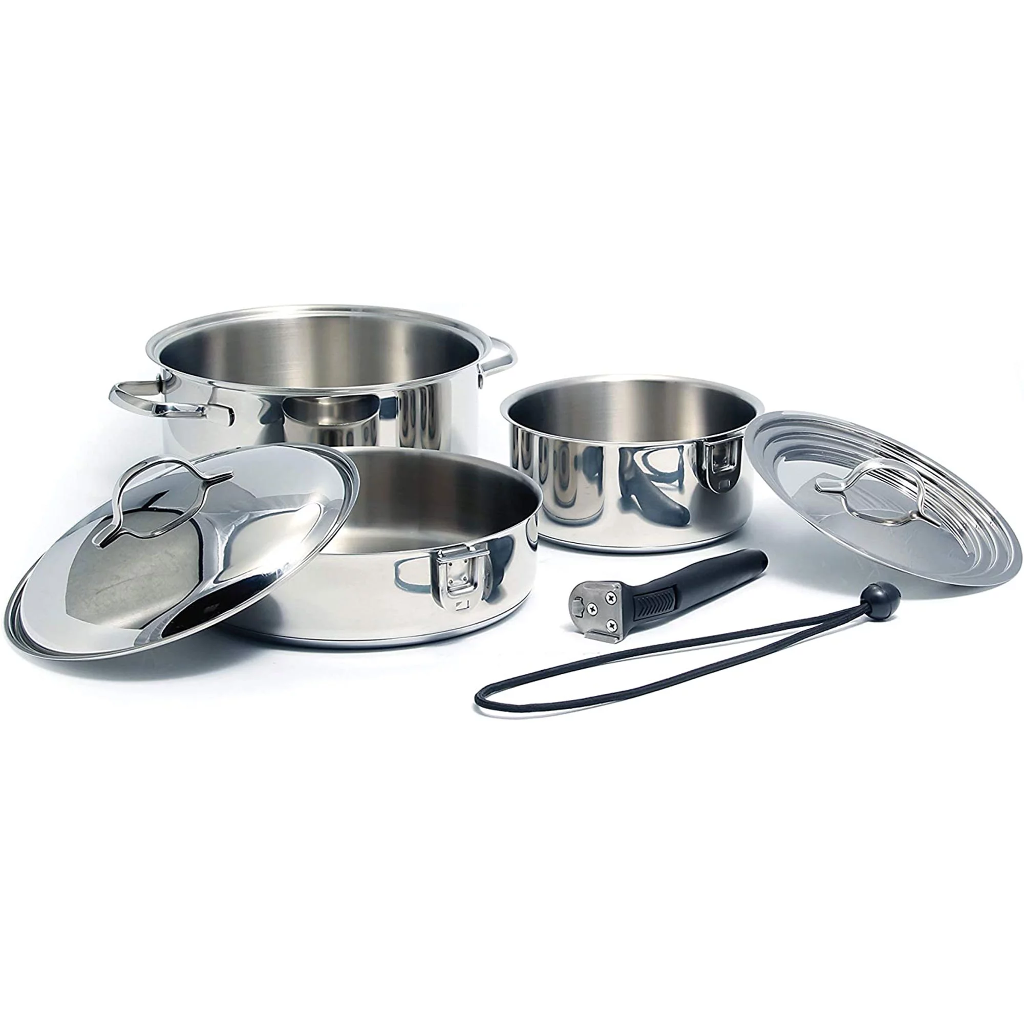 Camco 7 Piece Stainless Steel Cookware Nesting Set w/Handle & Storage Strap