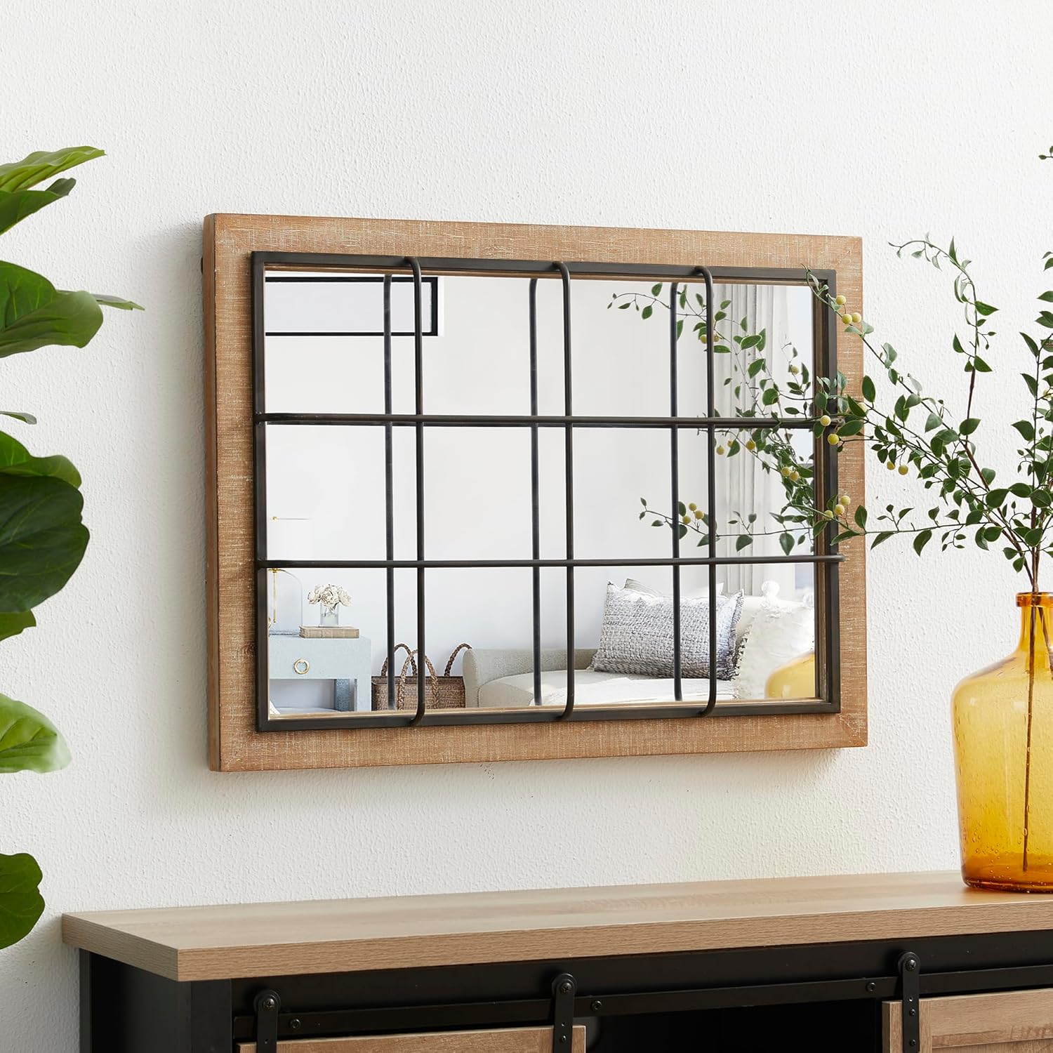 Glitzhome Windowpane Wall Mirror - 24'' x 32'' Farmhouse Decorative Wall Mirror, Hanging Rectangle Wood&Metal Frame Wall Decor Accent Mirror for Bathroom Vanity, Bedroom, Entryway, Fireplace Christmas