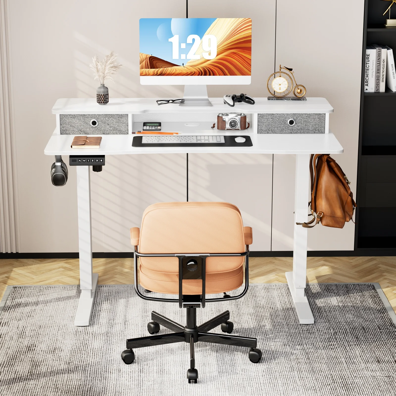 CoSoTower Home Office Height Adjustable Electric Standing Desk with Storage Shelf Double Drawer