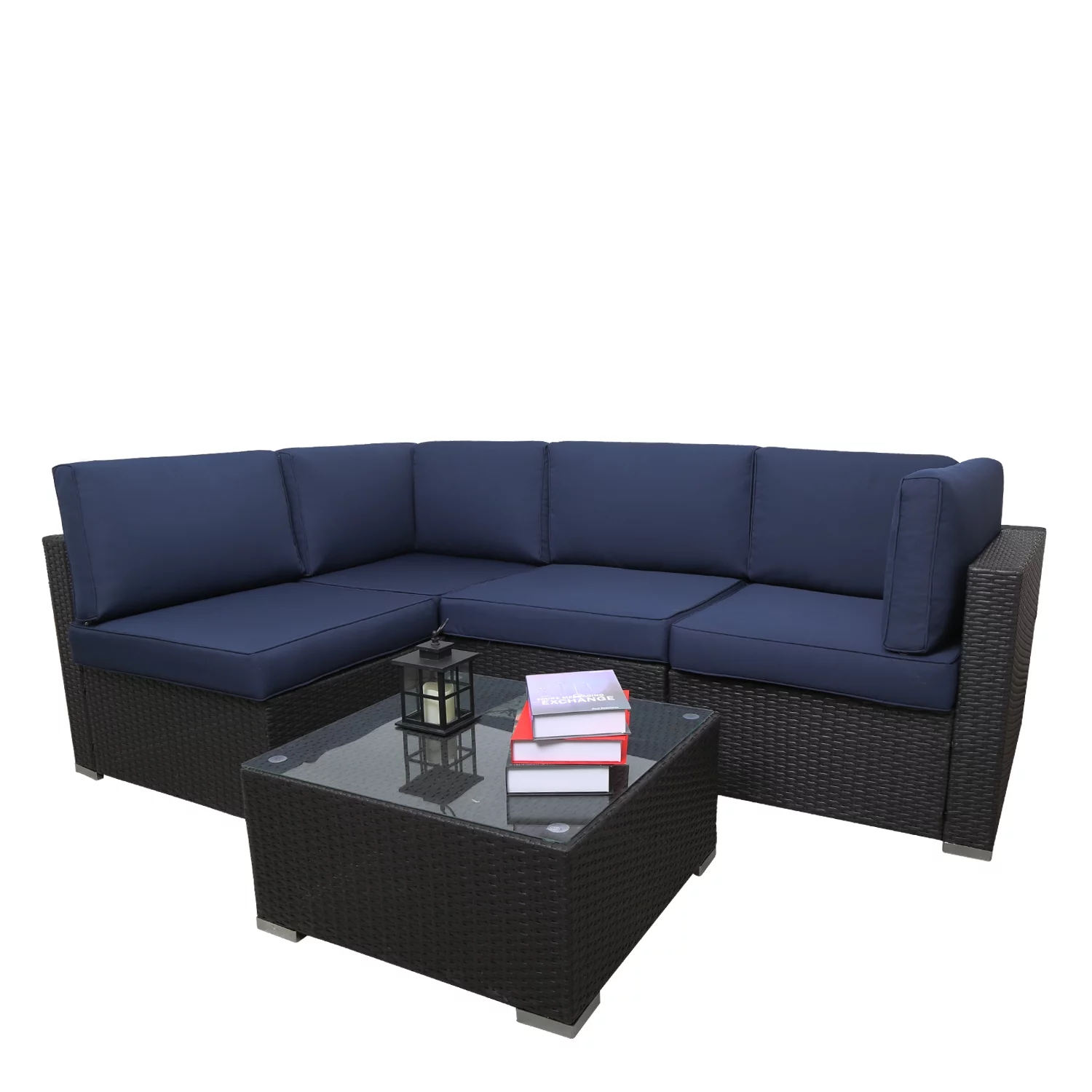 5 Piece Blue Outdoor Wicker Furniture Sets, Patio Sofa Conversation Sets Sectional Patio Furniture with Coffee Table, for Garden Lawn Backyard Poolside by LAZYLAND (Blue)