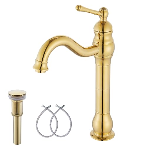 GGStudy 360° Swivel Antique Brass Bathroom Vessel Sink Faucet Single Handle One Hole Matching with Pop Up Drain