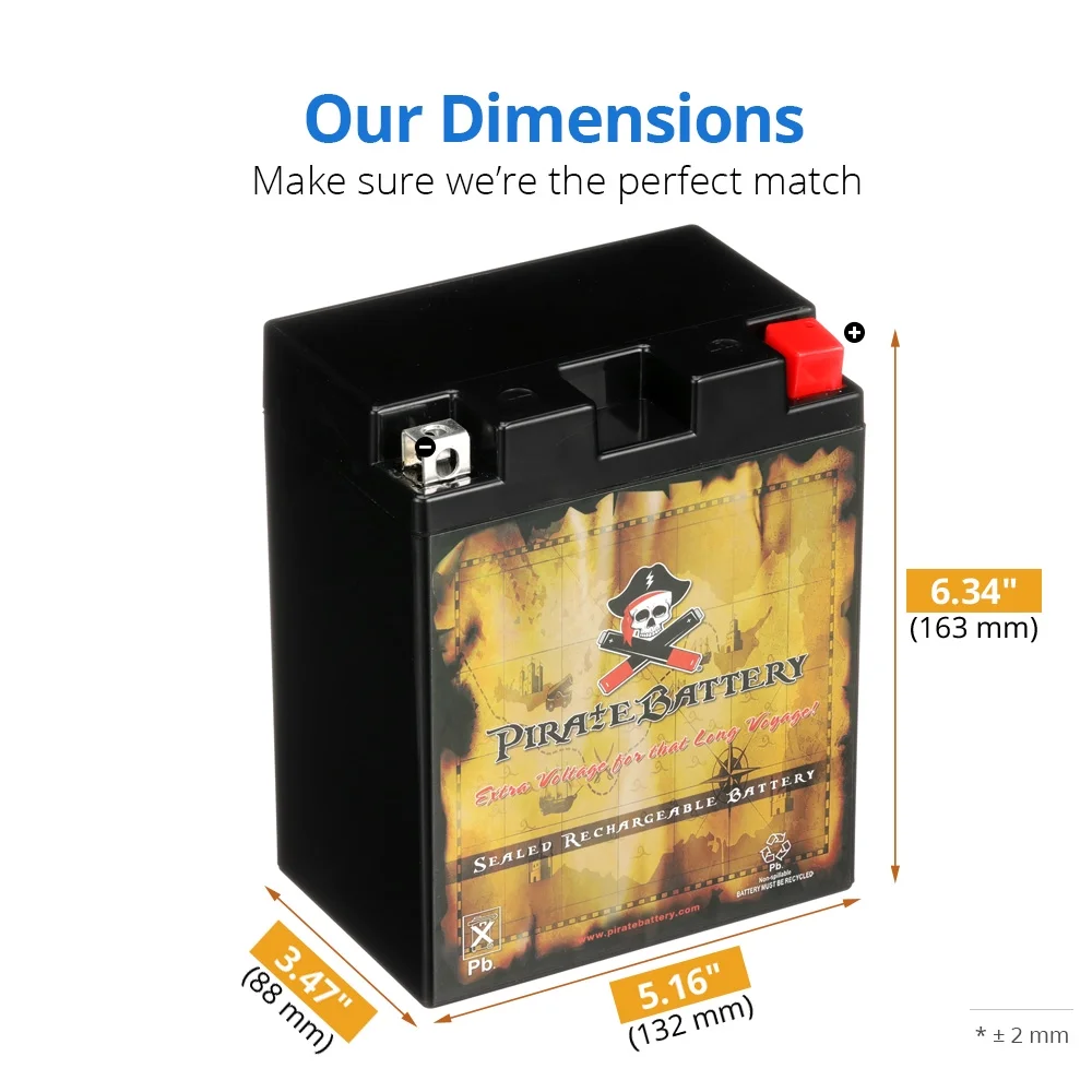 Pirate Battery YTX14AHL-BS (14AHL-BS 12 Volt,12 Ah, 210 CCA) Motorcycle Battery for Kawasaki Ex500-d Ninja 500r 500cc 94-'09