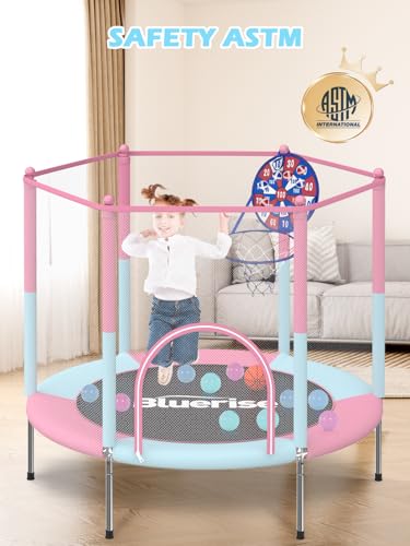 BLUERISE Trampoline 55IN 6FT Toddler Trampoline for Kids Indoor Outdoor Play for Kids Trampoline Basketball Hoop Attachment with Enclosure Net Easy to Assemble Outdoor Indoor Trampoline