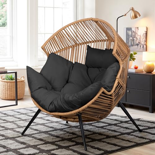 Vongrasig Wicker Egg Chair PE Rattan Chair with Cushion, Oversized Patio Lounge Chair for Outdoor, Indoor, Balcony, Backyard, Garden, Living Room, Bk