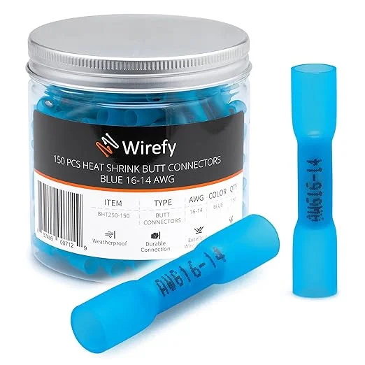 Wirefy 150 PCS Heat Shrink Butt Connectors Blue 16-14 AWG - Marine Grade - Wire Butt Splice Connectors - Electrical Waterproof