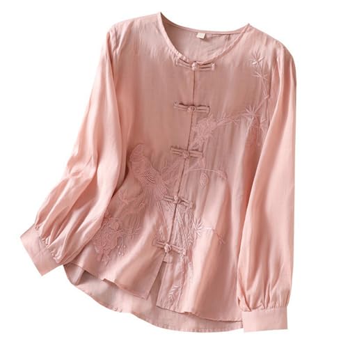 TANGNADE Women's Linen Retro Chinese Frog Button Tops Blouse Long Sleeve Solid Color Casual Dressy Shirts Trendy