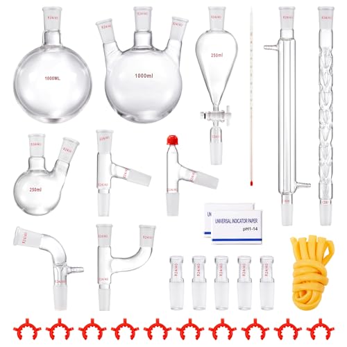 VEVOR New Laboratory Glassware 24/40 Chemistry Glassware 29PCS Chemistry Lab Glassware Kit 250 1000ml for Distillations Separation Purification Synthesis 24/40 29PCS