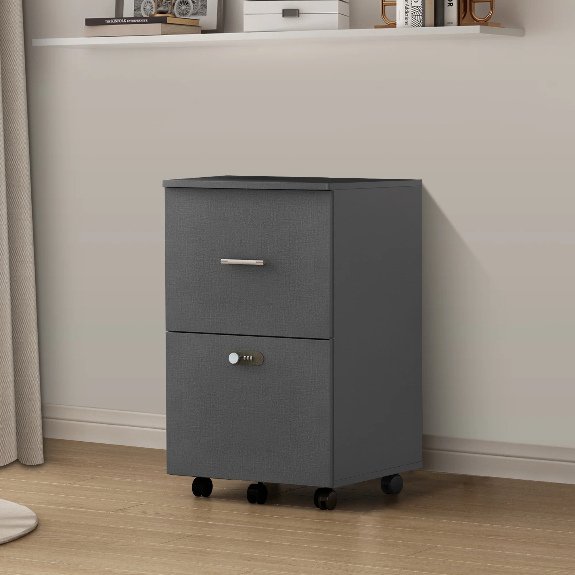 File cabinet with two drawers with lock,Hanging File Folders A4 or Letter Size, Small Rolling File Cabinet Printer Stand office storage cabinet Office pulley movable file cabinet Dark Gray
