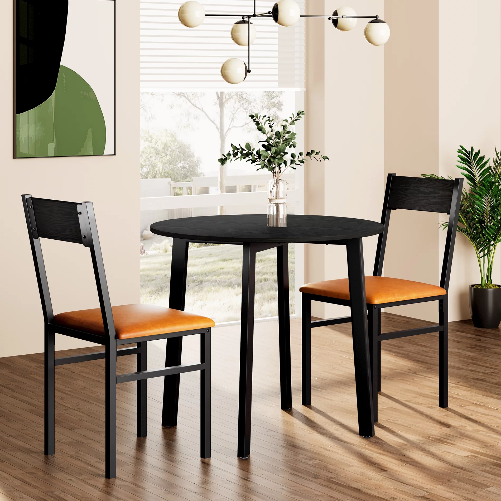 3 Piece Round Dining Table Set with 2 Cushioned Chairs, Small Kitchen Table Set for 2, Black & Brown