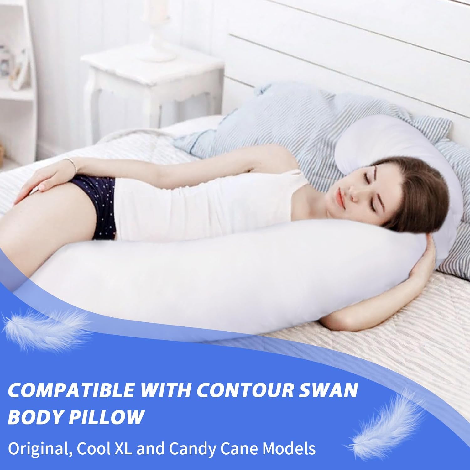 Cotton Pillowcase Compatible for Contour Swan Body Pillow, Original, Cool XL and Candy Cane Models, Soft and Breathable Zippered Closure Pillowcase - Provides a Comfortable Sleep Experience, White