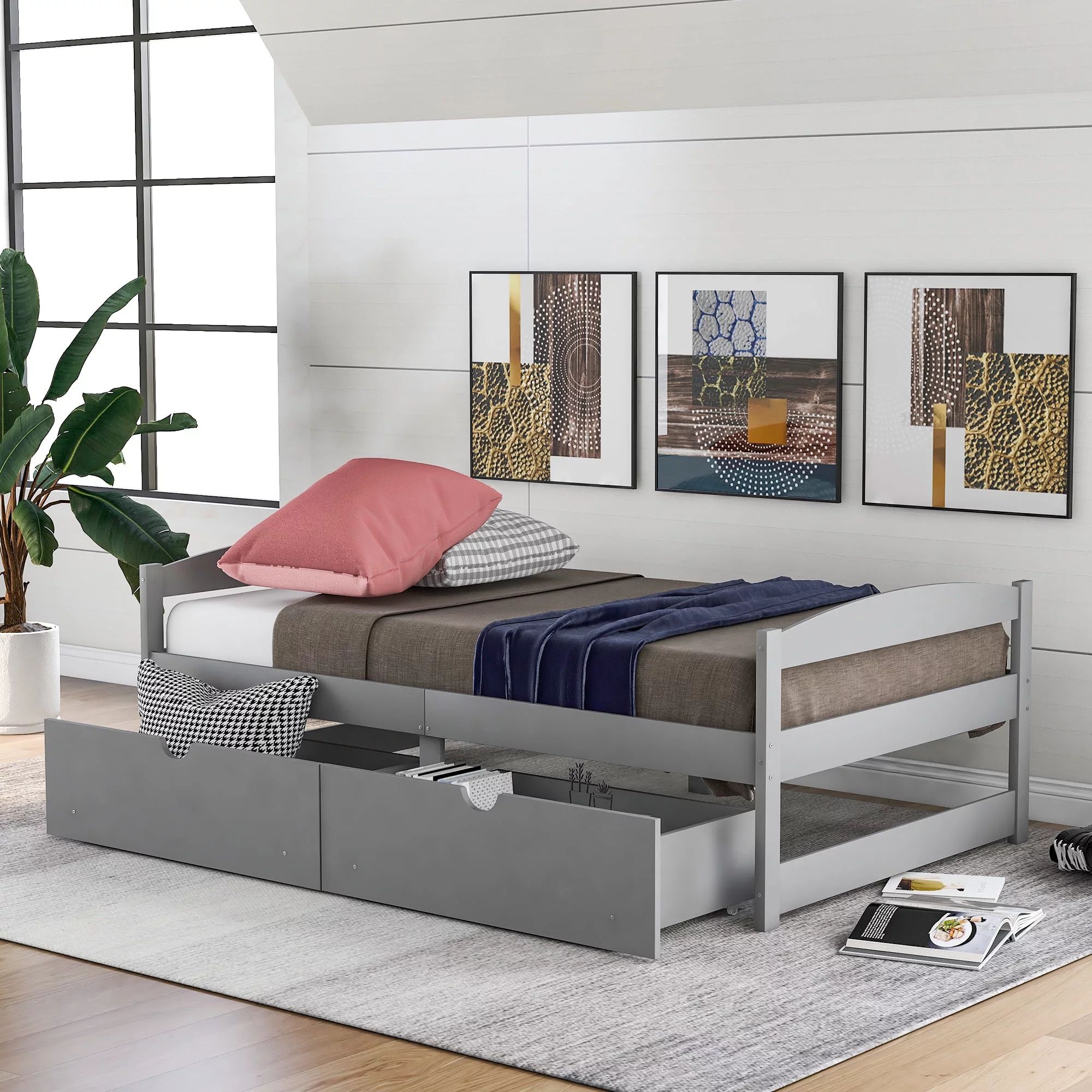 Leadzm Twin size platform bed, with two drawers, gray