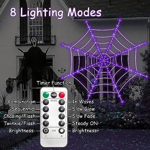 Spider Web Halloween Decorations Outdoor Lights, 125 Purple LED Light Up 16.4Ft Giant Spiderweb & 60