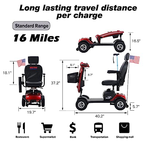 4 Wheel Mobility Scooter, Portable Electric Power Wheelchair, Range Extended Battery Compact Heavy Duty Travel Scooter, with Front Rear Lights and Basket for Seniors, Adults,Handicapped, Elderly (Red)