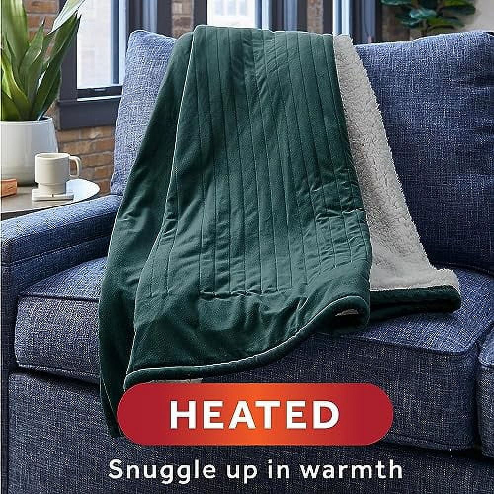 Sunbeam Royal Mink Sherpa Botanical Green Heated Personal Throw Blanket Full