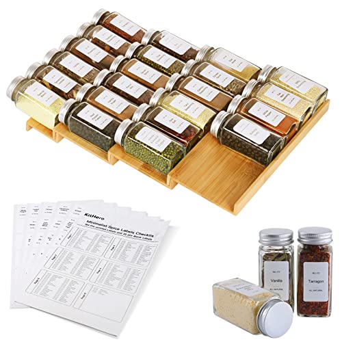 Spice Drawer Organizer with 28 Spice Jars,216 Labels,25 Non-slip Rubber, Bamboo 4 Tier Seasoning Rack Tray Insert for Kitchen Drawers,Cabinets,Countertop,14.6